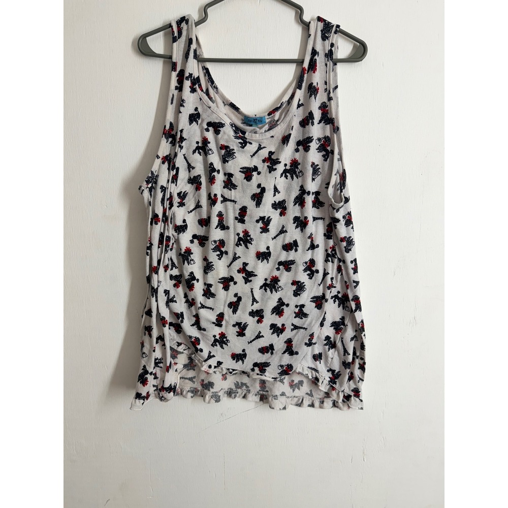 BH PJs Women 2X Pajama Top Poodle Eiffel Tower Print Ruffle Hem Sleep Tank White